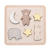 The Bambino Wooden Animal Puzzle by New Bambino Draft is an educational toy featuring five pieces: a brown bear, crescent moon, two yellow stars, gray elephant, and beige bunny. The puzzle board has a light wooden frame and a pale background with subtle star designs, promoting problem-solving skills in young minds.