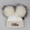 Personalised Beige & White Baby Hat with Pom Poms - Just Blue or Pink