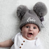 Personalised Grey Baby Pom Hat with Velvet Bow - Just Blue or Pink