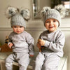 Baby & Toddler wearing a Personalised Grey Double Pom Hat