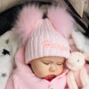 baby wearing Personalised Pink double Pom Hat 