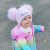 toddler wearing Personalised Pink double Pom Hat 