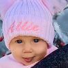 baby wearing Personalised Pink double Pom Hat 