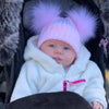 baby wearing Personalised Pink double Pom Hat 