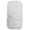 Personalised White Frilly Pram Footmuff with Pink Bows - Just Blue or Pink